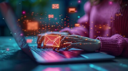 A direct selling project for an email marketing list featuring a woman hand using a laptop with an email icon, An email marketing concept with a notification alert generative ai