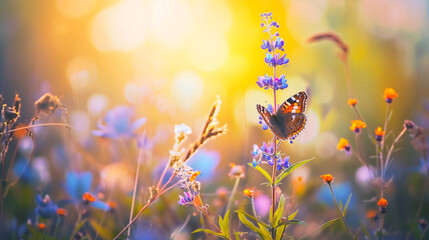 While butterflies are flying in the air, trees are blooming their first flowers and nature is preparing for summer. The bright colors of spring. Spring content backgrounds.