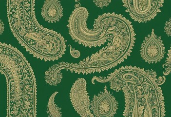 Green and Beige Paisley Pattern with Elongated Shapes