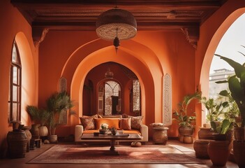 Oriental Indian Style Living Room with Plants, Orange Walls and Arched Windows - obrazy, fototapety, plakaty