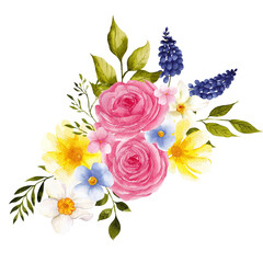 Watercolor hand draw floral bouquet with spring flowers, green grass and leaves, isolated on transparent background, PNG files.