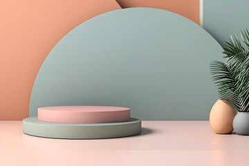 3D podium in minimalist style. Background 3D rendering of pastel flowers with a podium. display podium