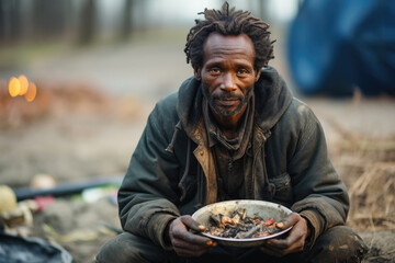 Beggar hungry poor african american man eating on the street - obrazy, fototapety, plakaty
