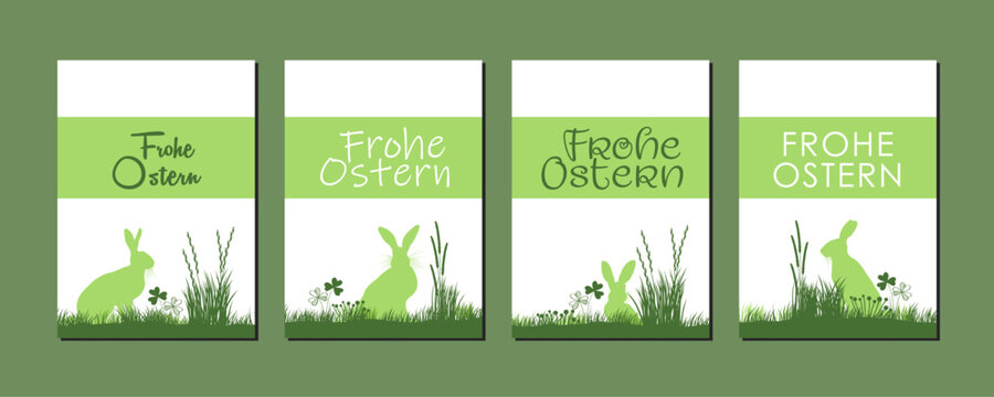 Osterkarten SET, Frohe Ostern deutsch, mit Hasen im Gras, Vektor Illustration