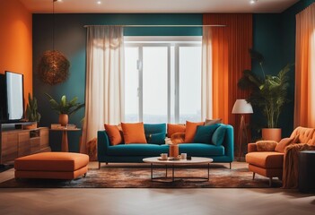 Modern Living Room with Orange Blue Walls Furniture