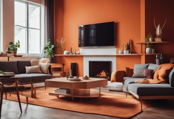 Modern Living Room with Orange Walls Colorful Furniture and Big TV on the Wall