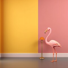 Pink Flamingo in the Corner of Empty Yellow Wall