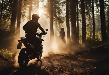 Motorbike Riders Motorcycle Silhouettes In Wild Forest Mountain Nature Dust Landscape Background