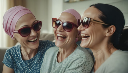 A woman with cancer is happily spending time with her adult daughter in a living room. They are laughing and being affectionate. wearing sun glasses world cancer day concept created with generative ai - obrazy, fototapety, plakaty