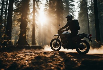 Motorbike Rider Motorcycle Silhouette In Dusty Wild Forest Mountain Nature Landscape Background