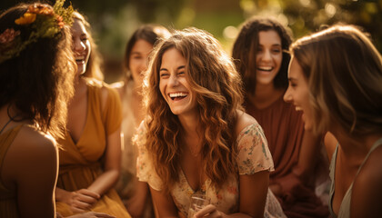 Grupo de amigos riendo y disfrutando al aire libre.
Alegre reunión de mujeres y amigos. - obrazy, fototapety, plakaty