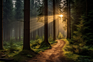 Obraz premium illustration of a morning in the forest. Created with Generative AI
