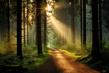 Obraz premium illustration of a morning in the forest. Created with Generative AI