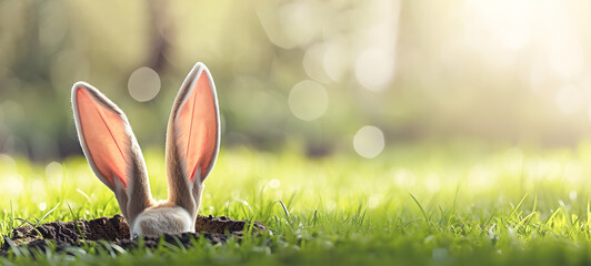 Long ears of a fluffy wild bunny look out of the hole in the grass on spring meadow outdoor in Easter eve