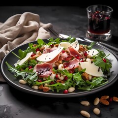 Salad meat cheese black platter Beautiful table setting Healthy tasty food concept