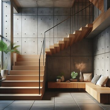Loft interior design of modern entrance hall with staircase and rustic wooden bench near concrete wall with copy space created with generative ai	