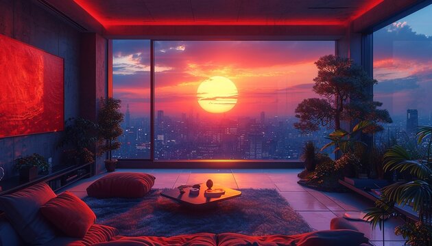 animated virtual backgrounds, stream overlay loop, interior, cozy futuristic living room at sunset, vtuber asset twitch zoom OBS screen, chill anime lo-fi hip, generative ai.