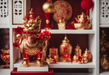 Red and Gold Chinese New Year Decorations on White Shelf