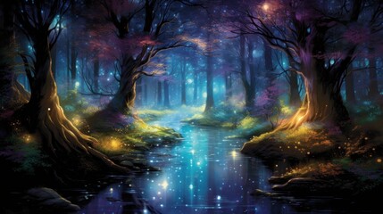 Obraz premium Enchanted forest scenery with magical glowing trees and river. Fantasy landscape.