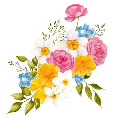Watercolor hand draw floral bouquet with spring flowers, green grass and leaves, isolated on transparent background, PNG files.
