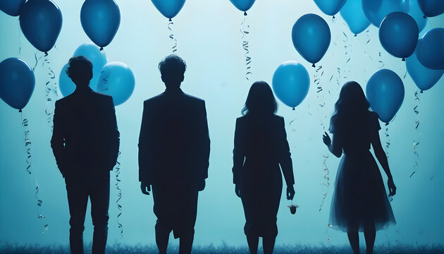 Blue Monday conceptual background with dark silhouettes of people and balloons Blue Monday concept 3rd Monday of January created with generative ai	