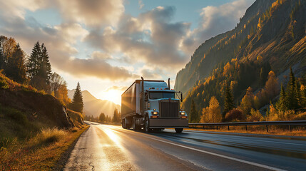 Freight logistics with white semi-truck on mountain road, sunrise, autumn season, commercial transport, scenic highway, fall colors, travel.