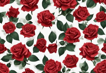 Seamless Pattern of Detailed Red Roses and Varied Leaves on a White Background