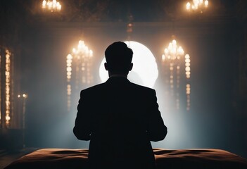 Silhouette of a Person in Suit Praying in Dark Room - obrazy, fototapety, plakaty