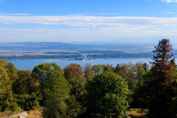 Fototapeta na wymiar Aerial view of Biel lake from Preles in Bern canton, Switzerland