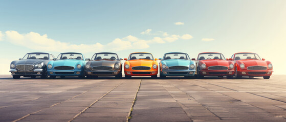 Row of colored retro cars. Horizontal banner