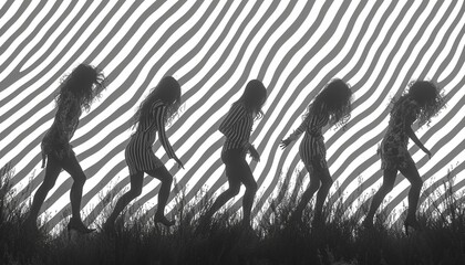 Animation of silhouettes of people dancing with stripes in hypnotic motion in seamless loop ,generative ai.