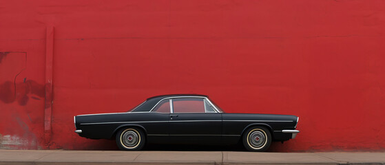 A black retro car on a red wall background in a minimal style