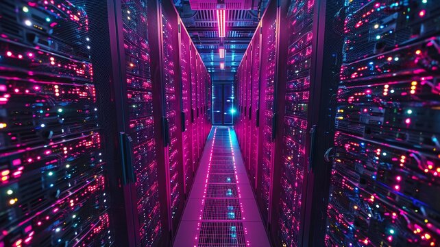 bird's-eye view, array of secure servers in a data center, top view in room, industrial area, evening, LED lights, secure, Drone Camera, generative ai.