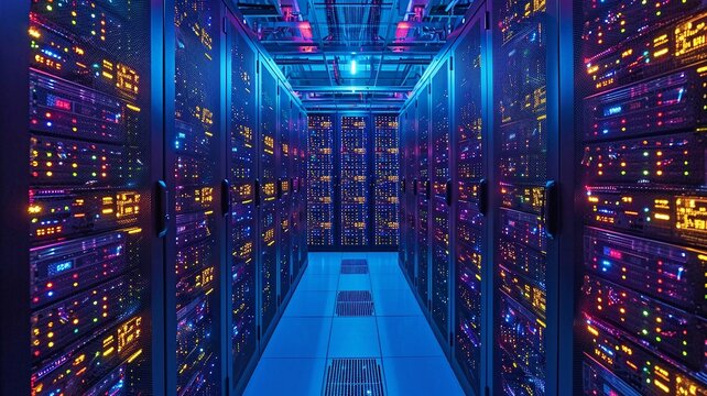 bird's-eye view, array of secure servers in a data center, top view in room, industrial area, evening, LED lights, secure, Drone Camera, generative ai.