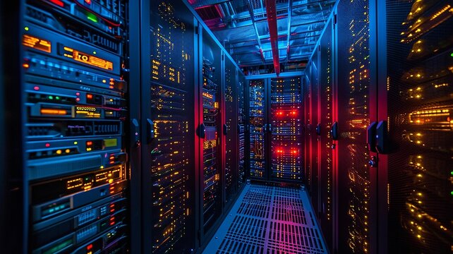 bird's-eye view, array of secure servers in a data center, top view in room, industrial area, evening, LED lights, secure, Drone Camera, generative ai.