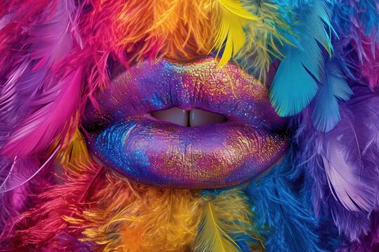 Bright feathers around colorful lips. Generative AI