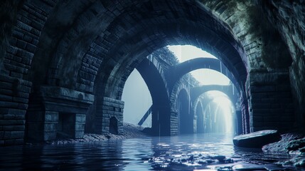 A powerful, concentrated LED beam from beneath the water, spotlighting the central arch of the stone bridge - obrazy, fototapety, plakaty