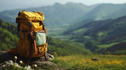 A rugged yellow backpack with a worn look, beside a detailed, open map of Europe, against a backdrop of gently blurred,