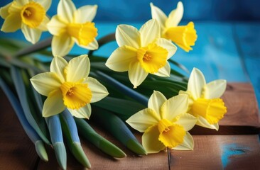 mothers Day, international Womens Day, St. Davids Day, spring flowers, bouquet of yellow daffodils, blue background, wooden table