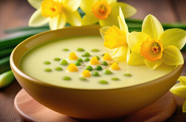 Obraz na płótnie Canvas St. Davids Day, national Welsh cuisine, traditional onion soup Cawl Cennin, leek and yellow daffodil, delicious photo