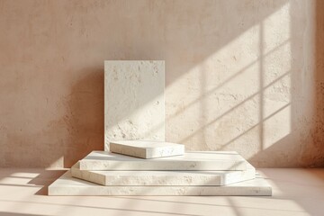 
Minimal concrete background for branding and packaging presentation. Textured stone on a beige background with white flowers
