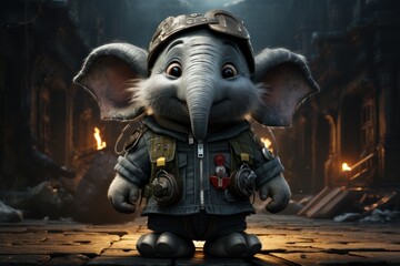  an elephant dressed in a costume standing in front of a fire place with a helmet on it's head.