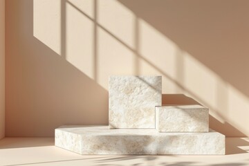 
Minimal concrete background for branding and packaging presentation. Textured stone on a beige background with white flowers