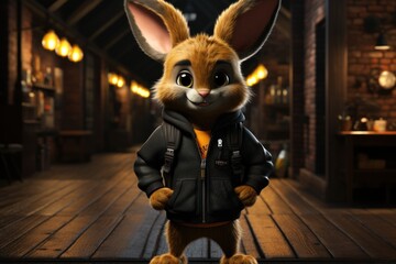  a rabbit dressed in a black jacket standing on a wooden floor in a dimly lit room with a brick wall.