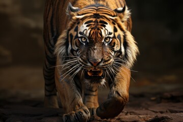  a close up of a tiger walking on a dirt ground with it's mouth open and it's mouth wide open.