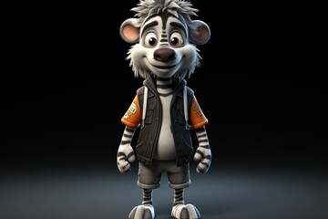  a close up of a cartoon character wearing a vest and a vest with an orange tag on it's chest.