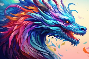 Fototapeta na wymiar a painting of a colorful dragon's head with long, sharp, sharp, sharp, and sharp teeth.