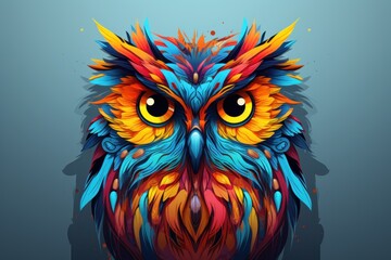  a colorful owl's face with big eyes and colorful feathers on a blue background with a shadow of the owl's head.