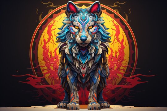  a stylized image of a wolf standing in front of a yellow and red circle with flames on it's face.