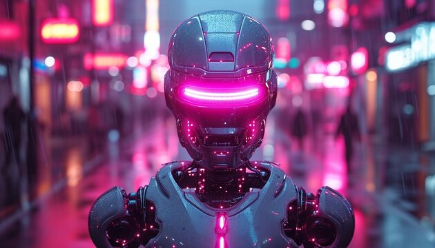 Dancing alien robot on a metal background with bright neon lights ,generative ai